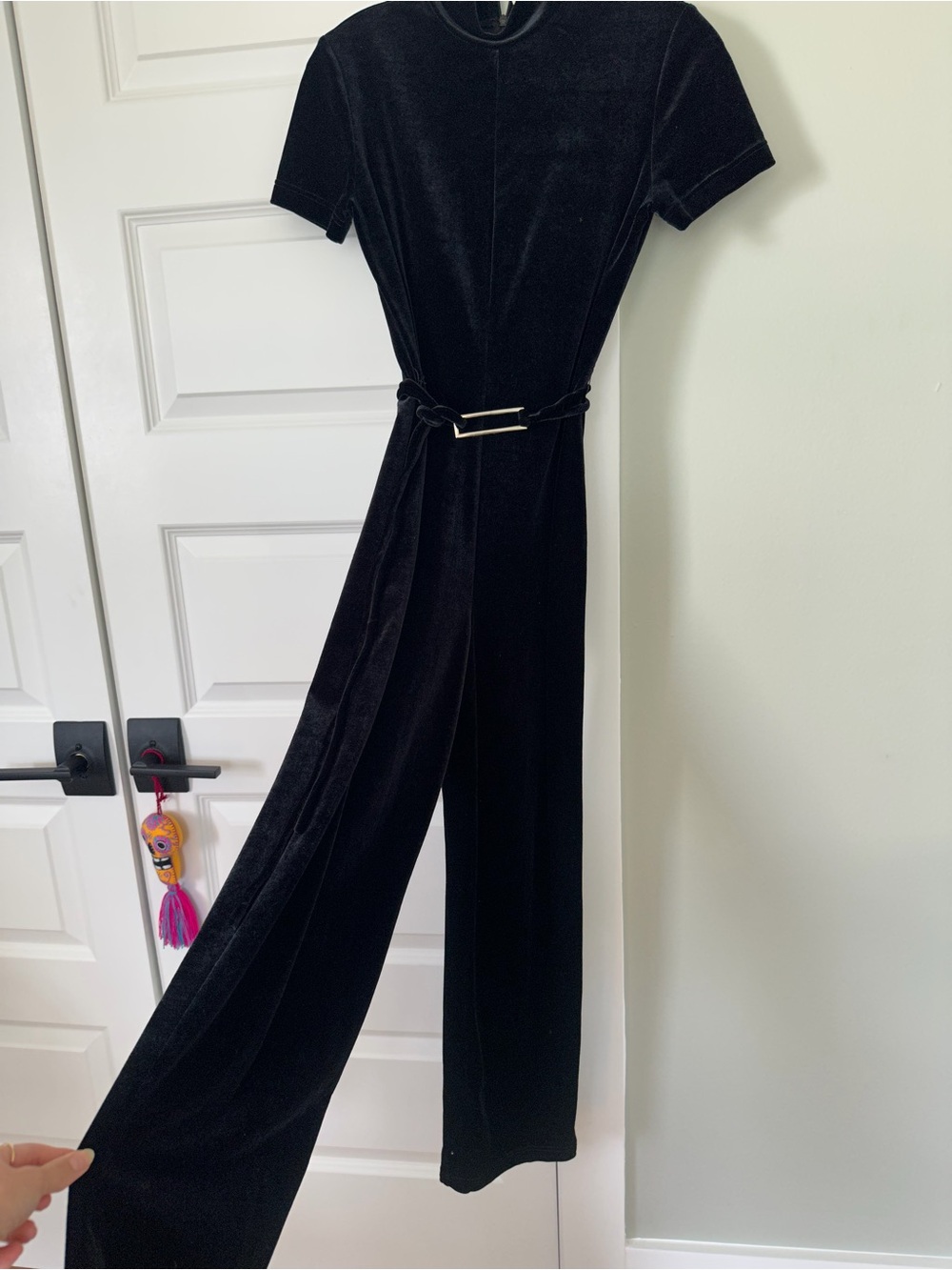 Petite Sophisticate Black Velvet Short-Sleeve Belted Jumpsuit Small